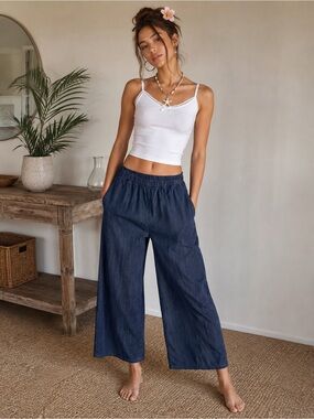 BNWOT FLAX Navy Blue Chambray 100% Cotton Cropped Wide Leg Pull On Pant Sz S